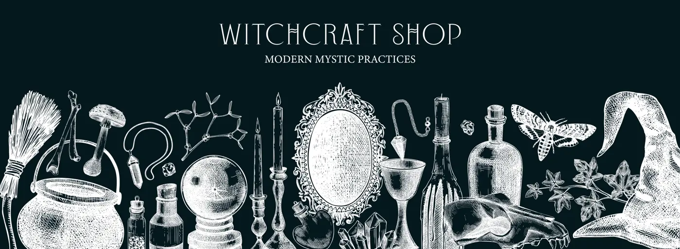 Witchcraft shop banner. Vintage Halloween background. Hand-drawn vector illustration. Witchcraft sketches. Antique apothecary design on chalkboard. NOT AI generated Illustration